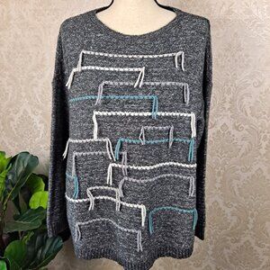 Pure Jill Size Medium Gray Sweater Fringe Tassel Front Multicolor Cozy EUC
